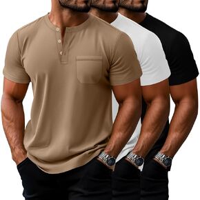 Riyiper 3 Pack Men's Big and Tall Henley T-Shirts, Short Sleeve Pocket Cotton Loose Fit Shirt Summer Oversized Button Tee