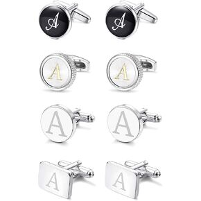 LOYALLOOK 4Pairs Initial A Men's Initial Letter Shirts Cufflinks Engraved Shirt Cufflink Alphabet Set Fashion Dazzle Tuxedo Cufflinks Business Wedding Father's DayGift