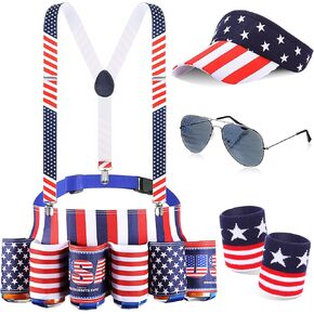 Mepase 5 Pcs 4th of July Large Patriotic Beverage Beer Belt Set with Suspenders Drink Holder Sun American Visor Hat Wristband Sunglasses, Plus Length Beer Soda Can Holder Belt Drinking Accessories
