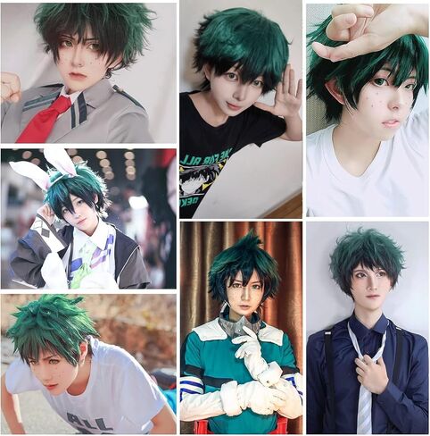 ANOGOL قبعة الشعر + شعر مستعار أخضر داكن قصير لزي أنيمي قصير للرجال شعر مستعار تأثيري الباروكات الملونة Pelucas De Colores لحفلة الهالوين in Kuwait