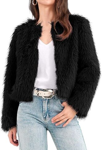 Fisoew Womens Faux Fur Coat Long Sleeve Cropped Fleece Open Front Short Jacket Outerwear in Saudi Arabia