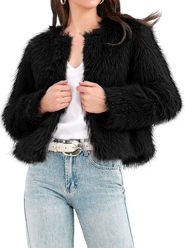 Fisoew Womens Faux Fur Coat Long Sleeve Cropped Fleece Open Front Short Jacket Outerwear in Saudi Arabia