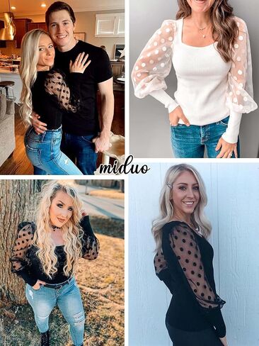 miduo Womens Tops Square Neck Polka Dot Balloon Long Sleeve Top Shirts Slim Knit Ribbed Tops Blouses in Kuwait