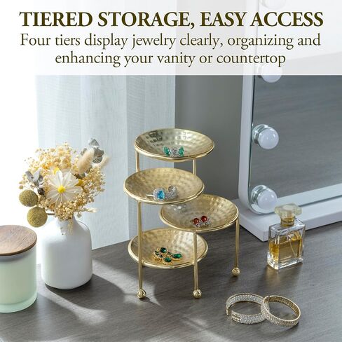 MyGift 3 Tier Jewelry Dish Organizer - Hammered Brass Plated Metal Ring Tray, Decorative Earring, Necklace, Bracelet Storage Display Tower - Handcrafted in India in Kuwait