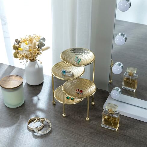 MyGift 3 Tier Jewelry Dish Organizer - Hammered Brass Plated Metal Ring Tray, Decorative Earring, Necklace, Bracelet Storage Display Tower - Handcrafted in India in Kuwait