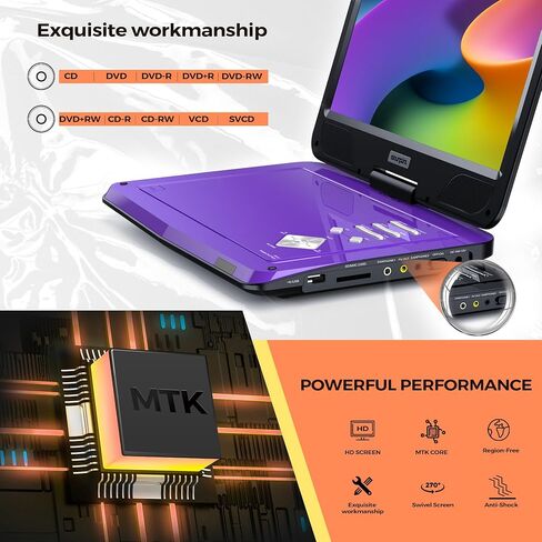 SUNPIN 12.5" Portable DVD Player with 10.1'' Eyesight Protective Swivel Screen, Car Headrest Holder, Dual Earphones Jack, 5-Hour Rechargeable Battery, Support USB/SD Card/Sync TV/Multiple Disc Formats in Saudi Arabia