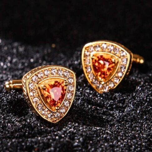 V & L Gold Crystal Cuff links Yellow – Fancy Unique Elegant Sparkling Luxury Gem Stone Cufflinks for men in Triangle - Perfect for Wedding, Formal, Suits, Business and Groom Cufflink in Saudi Arabia