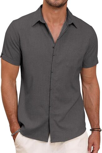 Mens Button Down Casual Summer Beach Shirts Short Sleeve Vacation Wedding Shirt with Pocket in Saudi Arabia