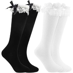 2 Pack Girls Knee High Socks Bow,Calf Socks Bow,Cotton Lace Ruffle Girls Sock,White long Lolita Frilly Lace Ruffle Trim Sock for Costume Cosplay Dating Dance