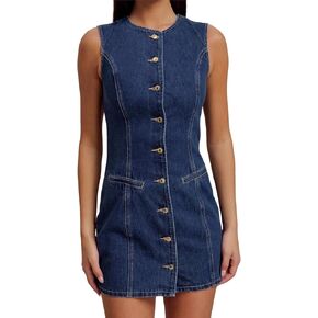 Women's Denim Mini Dress Sleeveless Crewneck Button Up Bodycon Stretchy Casual Jean Tank Dresses