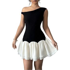 Verdusa Women's Color Block Ruffle Off Shoulder Dress Drop Waist Layered Mesh Mini Dress