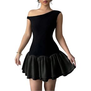 Verdusa Women's Color Block Ruffle Off Shoulder Dress Drop Waist Layered Mesh Mini Dress in Kuwait