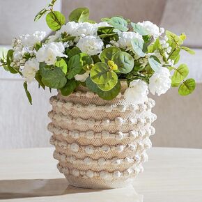 DN DECONATION Beige Rustic Farmhouse Vase, 6.6 Inch Textured Boho Vase for Home Decor, Cement Decorative Flower Vases with Rope Knots for Living Room, Table Centerpiece, Shelf, Mantel Decoration