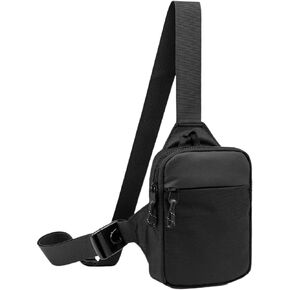 1PC Mini Black Sling Bag for Women and Men, Small Water Resistant Fanny Pack with Two Zipper Pockets Lightweight Crossbody Phone Chest Bag for Running Hiking Traveling (Black)