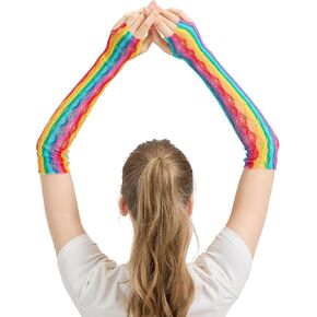 Rainbow Fishnet Arm Warmers Long Fingerless Mesh Gloves Women Pride Parade Halloween Costume 80s Party Rave Festival