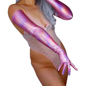 Fashion Holographic Gloves Women Shiny Pink Super Long 28" Stretch Metallic Gloves for Halloween Costume Dance Party