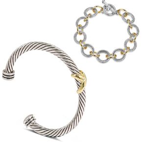 Cable Bracelets for Women - Two Tone Twisted Wire Cuff Bangle Set with Link Bracelet