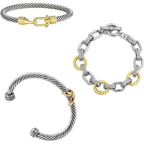 3Pcs Twisted Cable Cuff Bracelets for Women Set, Trendy Vintage Gold and Silver Bracelets Two Tone Chain Bangle Mixed Metal Designer Dupes Jewelry for Her (Two Tone B)