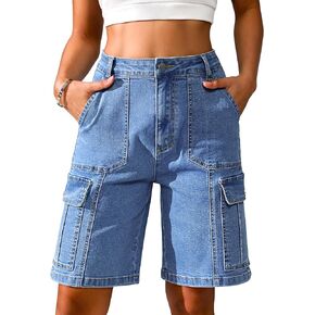 Eddoyee Bermuda Cargo Shorts for Women Stretchy High Waisted 6 Pockets Long Shorts Knee Length