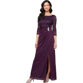 S.L. Fashions Women's Long Mother of The Bride Dress with Stretch Lace Bodice & Hip Embellishment (Petite and Regular Sizes)