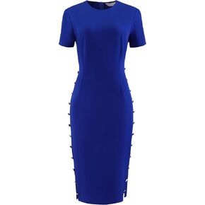 Women's Knee Length Pencil Dress Short Sleeve Button Decor Business Work Bodycon Dresses