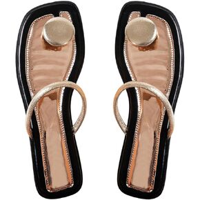 GORGLITTER Women's Metal Ring Strappy Flat Sandals Dressy Square Open Toe Leather Summer Vacation Slides