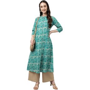 Women's Floral Printed Teal Green Pure Cotton Straight Kurta