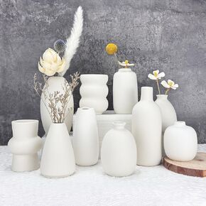White Ceramic Vase Set of 10, Small Ceramic Flower Vases Bulk Bud Vases for Wedding Table Centerpieces Decor Pampas Grass Modern Boho Home Party Decor DIY Gift