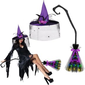 Light Up Witch Hat and Broom-Halloween Witch Hats & Witches Broomstick for Costume Cosplay Party Supplies Women Gift