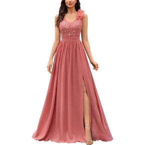 Miusol Women's Vintage V-Neck Sleeveless Sequined Split Formal Evening Maxi Dress
