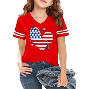 V-Neck Independence Day American Flag 4th of July Patriotic Graphic Tees for Girls Kids Summer T Shirt Tops