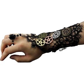 Womens Girls Steampunk Gears Lace Cuff Fingerless Gloves Black