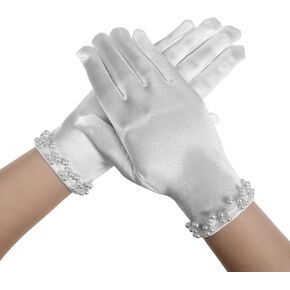 Short Satin Opera Party Gloves for Women, White Pearl Uniform Wrist Gloves Wedding Tuxedo Bridal Evening Dress Costume Mitten for 1920s Flapper Accessories Floral Tea Party Banquet