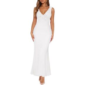 Women Sexy Sleeveless V-Neck Ruffle Backless Summer Dresses Long Formal Dress for Women Cocktail Party Prom Dress