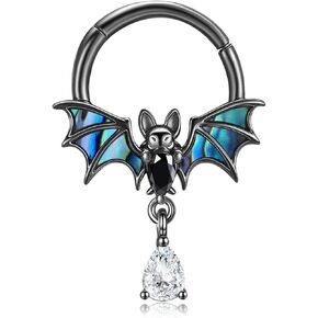 Black Bat Septum Ring 925 Sterling Silver Goth 16g Abalone Shell Septum Nose Ring Gothic Animal Cartilage Daith Piercing Jewelry Gifts for Women Mom Grandma