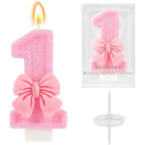 Pink 1st Birthday Candle Bow Numbers 1 Candle Cake Topper Cupcake Decorations Party Decor for Girls and Women Anniversary Celebrations Supplies