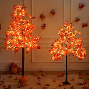 LightsUp Artificial Fall Tree 5FT & 6FT, Set of 2 Maple Tree with Lights and Maple Leaves, Prelit Faux Fall Tree Warm White LEDs for Thanksgiving Autumn Harvest Outdoor Indoor Home Decorations