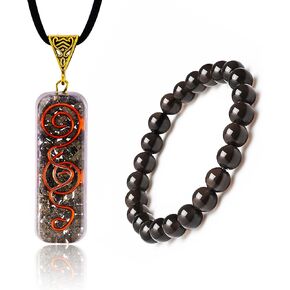 قلادة البايرايت ومجموعة سوار الكوارتز الدخان. سوار orgonite crystal قلادة وحجر. هدية المجوهرات الروحية لليوغا والتأمل والشفاء و reiki