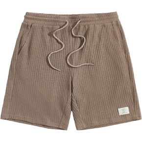 OYOANGLE Men's Waffle Knit Drawstring Waist Shorts Letter Patched Workout Gym Running Casual Shorts with Pocket