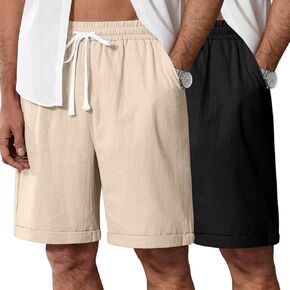 Ficerd 2 Pack Men's Cotton Linen Shorts Casual Elastic Waist Drawstring Stretch Summer Beach Vacation Wear with Pockets