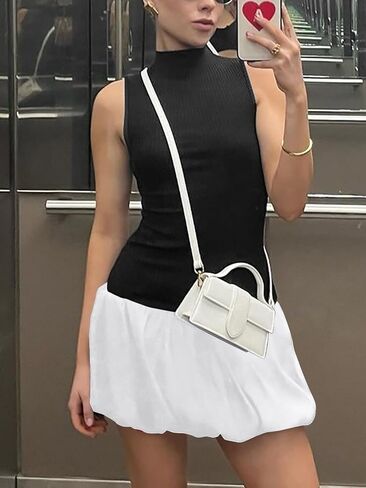 Ekaliy Bubble Dress for Women Sexy Sleeveless Mock Neck Knit Open Back Mini Dress Bodycon Y2k Party Club Short Dress in Saudi Arabia