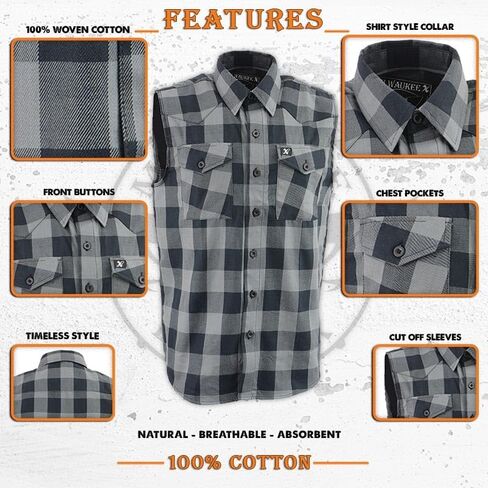 Milwaukee Leather MPM1648 Men’s Classic Black and Grey Button-Down Flannel Cut Off Sleeveless Casual Shirt - 4X-Large in Saudi Arabia