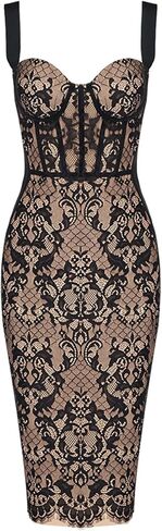Lace Fishbone Midi Cocktail Party Bandage Dress for Women Back Slit Wedding Guest Dress in Kuwait