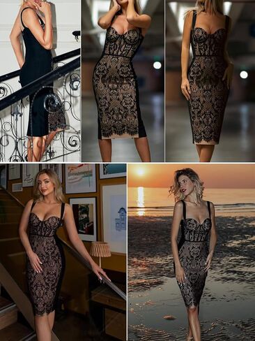 Lace Fishbone Midi Cocktail Party Bandage Dress for Women Back Slit Wedding Guest Dress in Kuwait