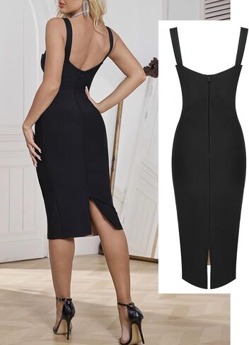 Lace Fishbone Midi Cocktail Party Bandage Dress for Women Back Slit Wedding Guest Dress in Kuwait