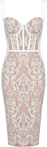 Lace Fishbone Midi Cocktail Party Bandage Dress for Women Back Slit Wedding Guest Dress in Kuwait