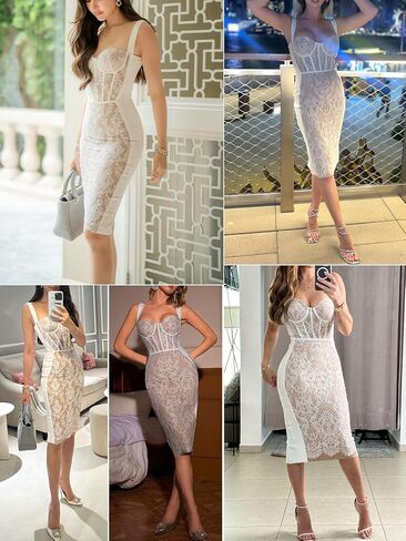 Lace Fishbone Midi Cocktail Party Bandage Dress for Women Back Slit Wedding Guest Dress in Kuwait