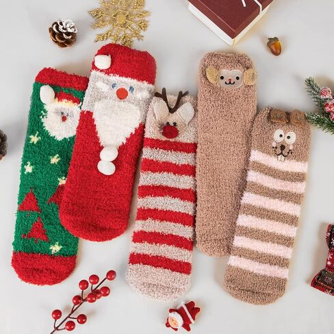 Fuzzy Socks for Women 5 Pairs Winter Warm Fluffy Slipper Socks Soft Cute Cat Animal Socks, C-Grey & Pink & White & Yellow & Black in Saudi Arabia