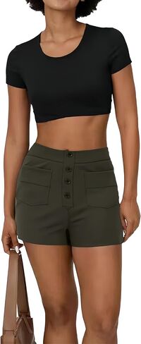 Women's Highwaist BusinessCasual Shorts Elastic Waist Wideleg Summer Work Outfit withPockets 2025 in Saudi Arabia