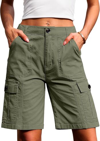 Eddoyee Bermuda Cargo Shorts for Women Stretchy High Waisted 6 Pockets Long Shorts Knee Length in Saudi Arabia